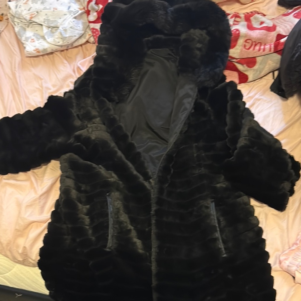 Women's Black Faux Fur Teddy Coat with Hood